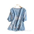Short Sleeve Ethnic Floral Embroidered Cotton Blouses